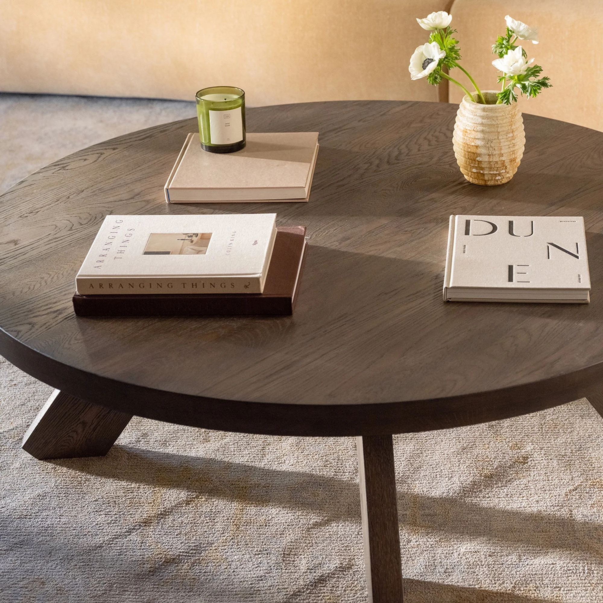Traditional Solid Oak Coffee Table with Round Top & Sculptural Cutout Leg Base for Living Room