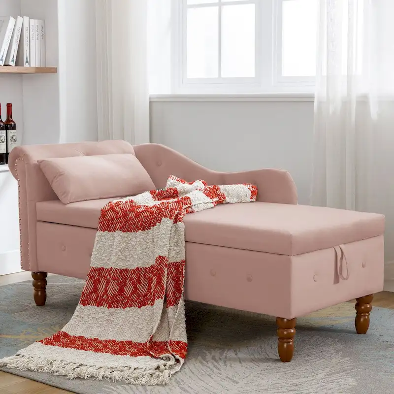 Chaise Lounge Indoor,Lounge Chair for Bedroom with Storage & Pillow,Modern Upholstered Rolled Arm Chase Lounge for Sleeping