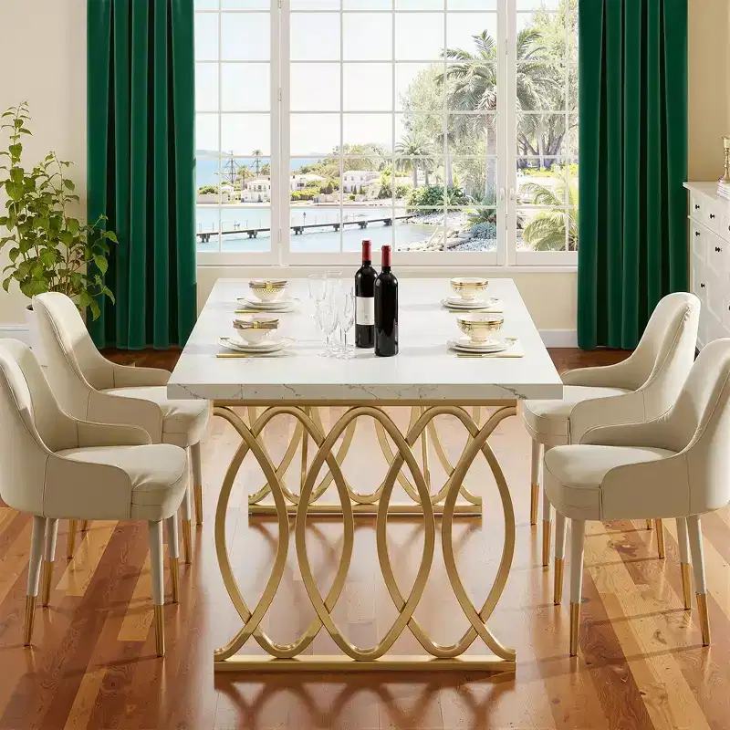 MAYEERTY 63 Inch Dining Table, 4-6 Seater White Faux Marble Top Gold Steel Frame Kitchen Table with Adjustable Feet