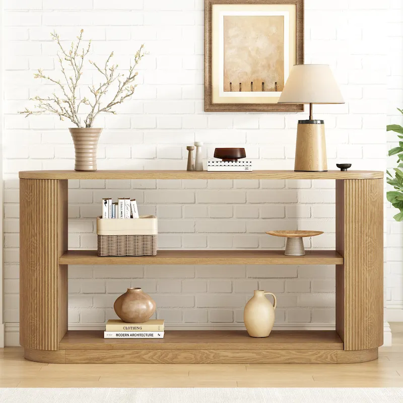 3-Tier Console Table with Fluted Wood Veneer and Open Shelves