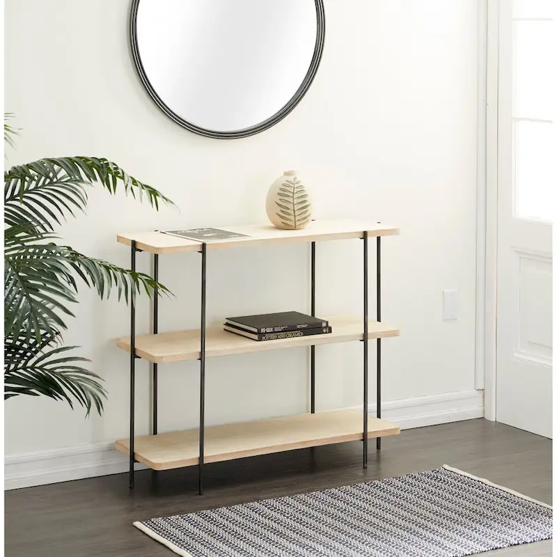 2-Shelf Wood Console Table, Slim Black Metal Legs, Beige, 14