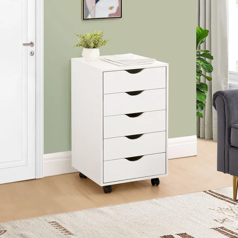 5 Drawers Chest, Wood Storage Dresser with Wheels, Craft Storage Organizer and Storage Drawer Office Drawer Unit