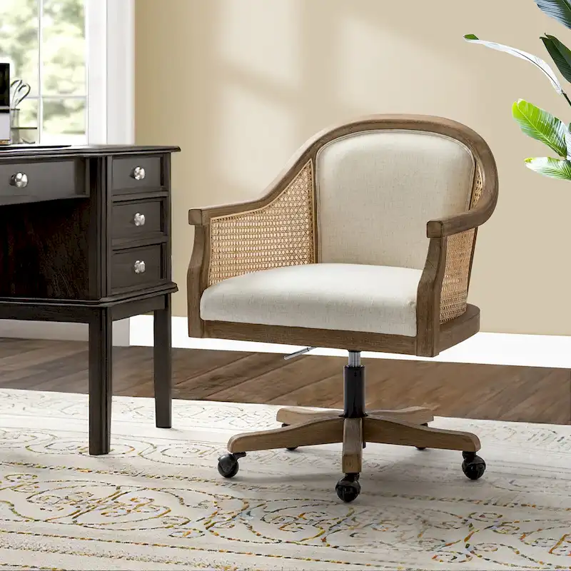 Danilo Farmhouse 360 Degree Swivel Height Adjustable Rattan Desk Chair with RubberWood by HULALA HOME
