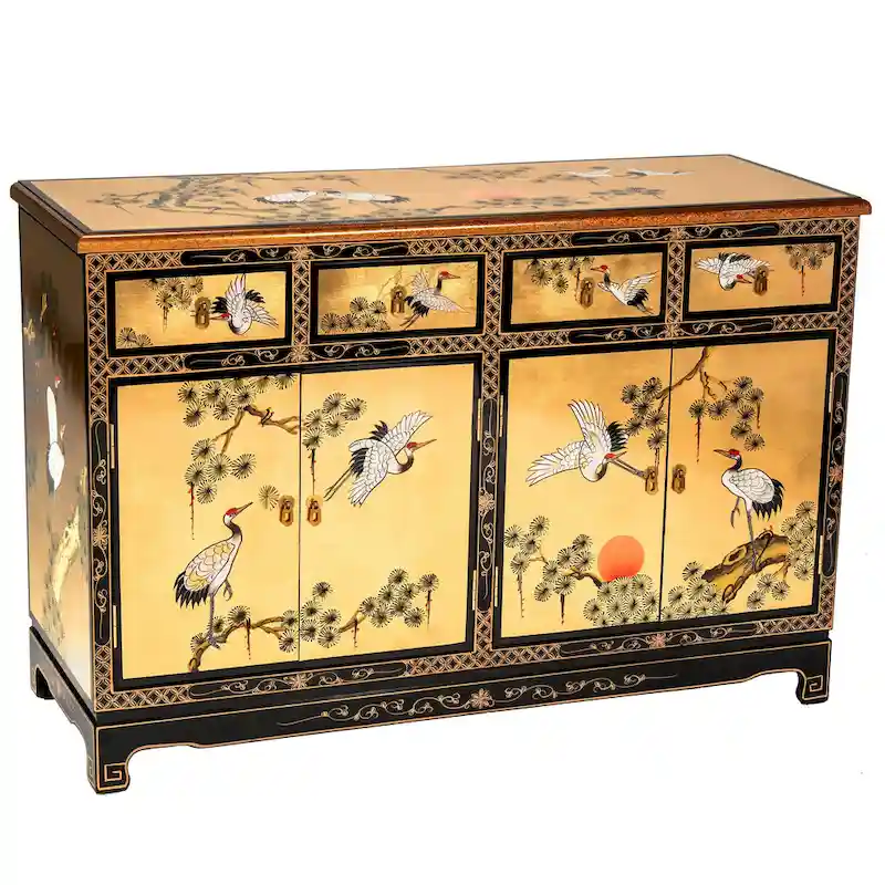 Gold Leaf Lacquer Sideboard with Cranes Design