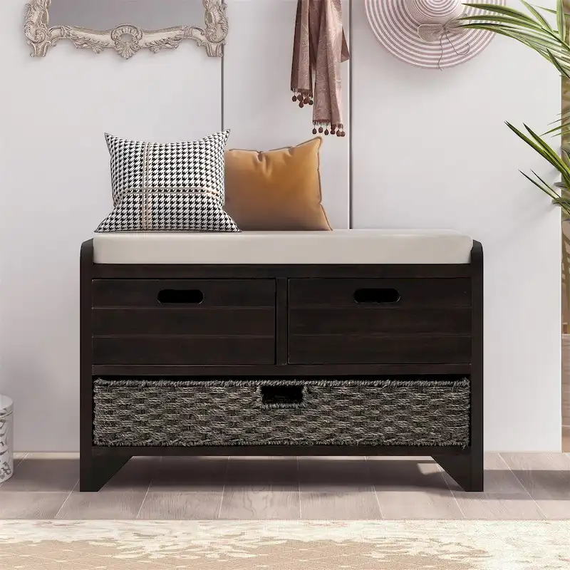 Wooden Entryway Storage Bench with 2 Removable Woven Rattan Baskets, Farmhouse Style Seat