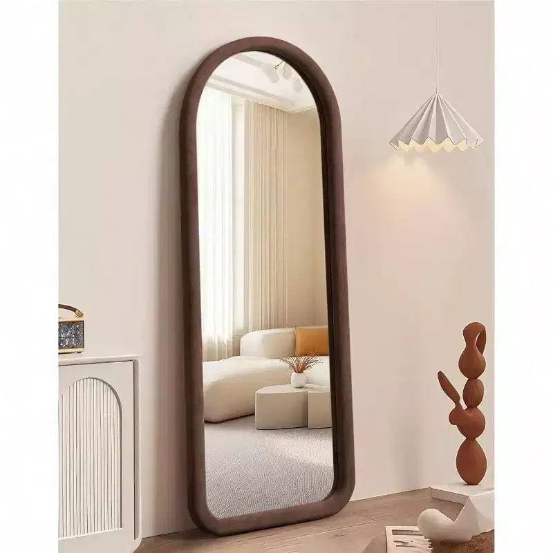 Arched Full Length Mirror with Plush Frame in Dark Brown, Freestanding or Wall Mount